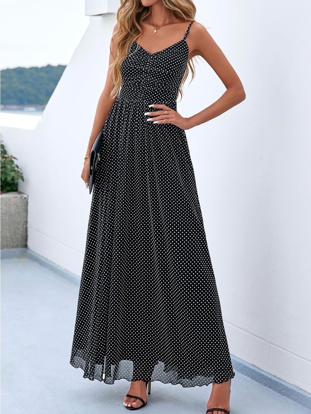 #48 Pretty Garden Black Polka Dot Maxi Dress with Spaghetti Straps